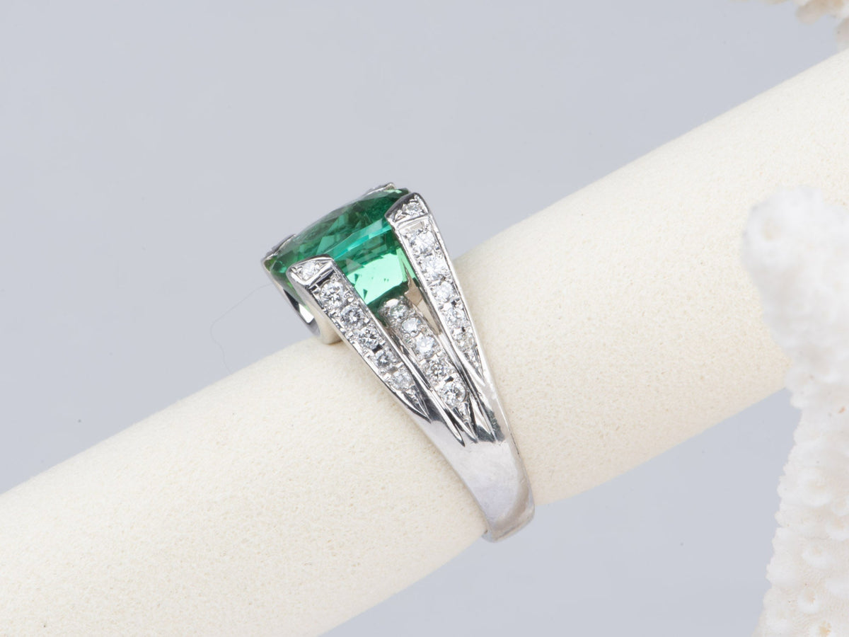 Platinum 4.63ct Bright Green Tourmaline and Diamond Split Shank Statement Ring V1170 Aurora Designer