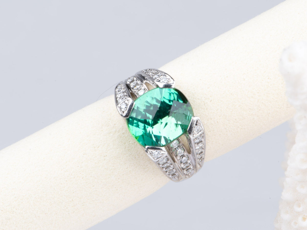 Platinum 4.63ct Bright Green Tourmaline and Diamond Split Shank Statement Ring V1170 Aurora Designer
