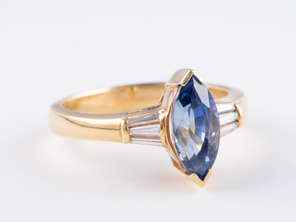 1.73ct Marquise Sapphire and Baguette Diamond 18K Gold Engagement Ring V1173 Aurora Designer