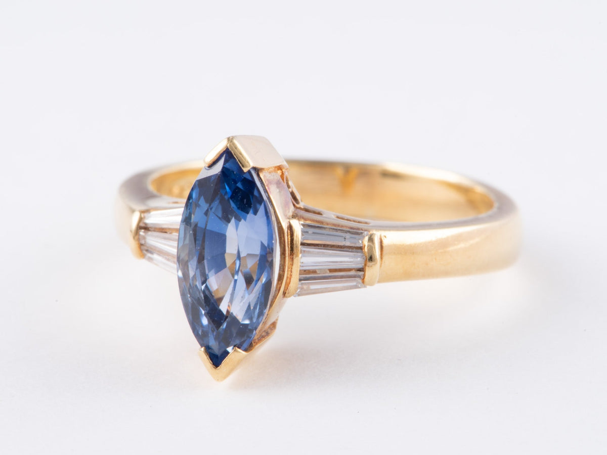 1.73ct Marquise Sapphire and Baguette Diamond 18K Gold Engagement Ring V1173 Aurora Designer