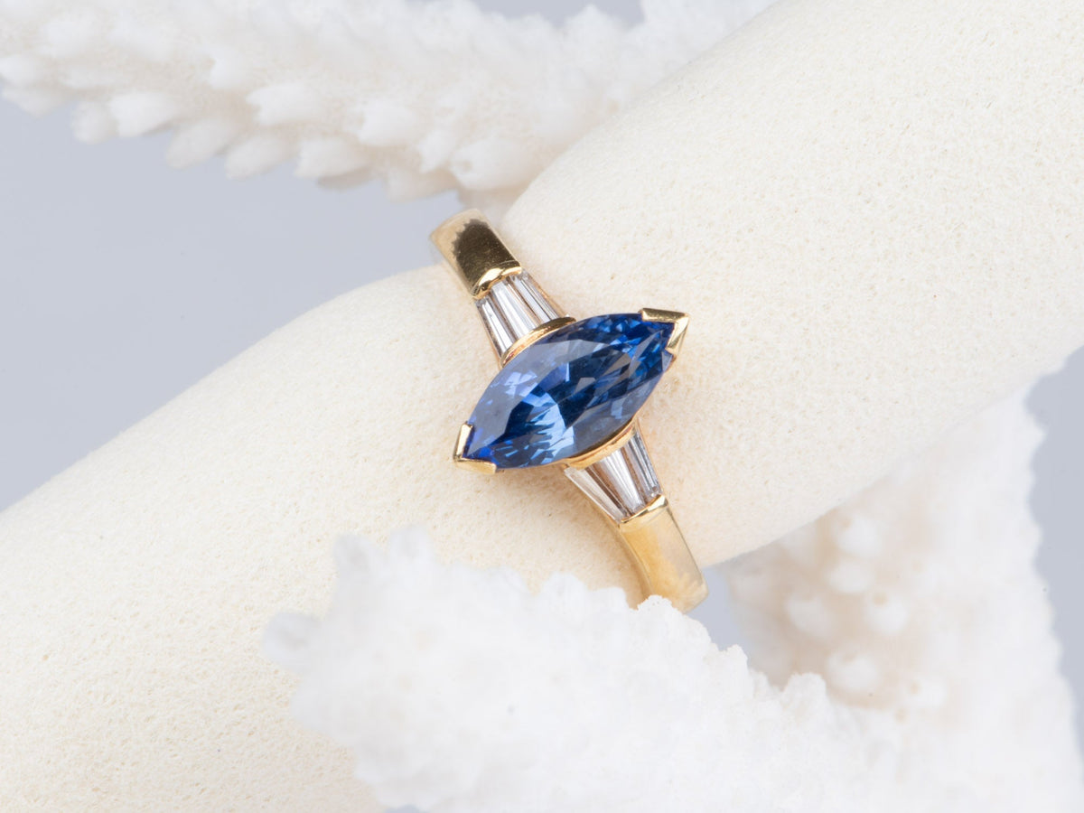 1.73ct Marquise Sapphire and Baguette Diamond 18K Gold Engagement Ring V1173 Aurora Designer