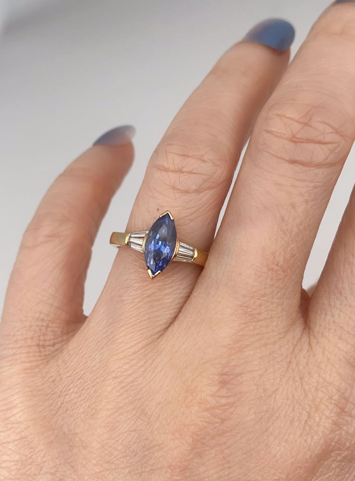 1.73ct Marquise Sapphire and Baguette Diamond 18K Gold Engagement Ring V1173 Aurora Designer