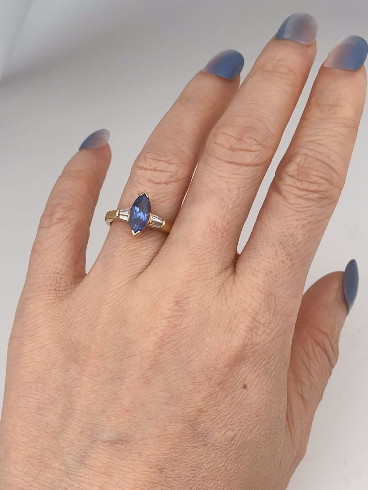 1.73ct Marquise Sapphire and Baguette Diamond 18K Gold Engagement Ring V1173 Aurora Designer