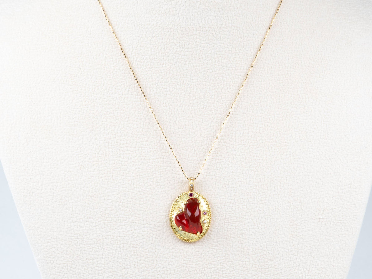 18K Gold 4.95ct Freeform Mexican Fire Opal Pendant with Diamond Sapphire Ruby Accent V1174 Aurora Designer