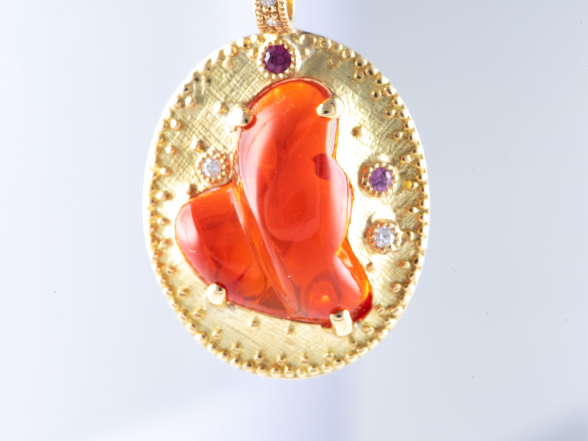 18K Gold 4.95ct Freeform Mexican Fire Opal Pendant with Diamond Sapphire Ruby Accent V1174 Aurora Designer