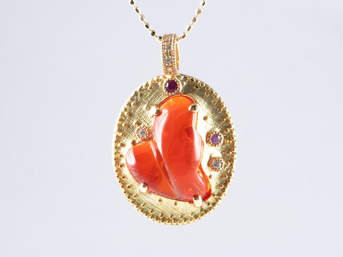 18K Gold 4.95ct Freeform Mexican Fire Opal Pendant with Diamond Sapphire Ruby Accent V1174 Aurora Designer