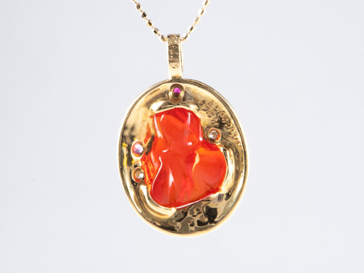 18K Gold 4.95ct Freeform Mexican Fire Opal Pendant with Diamond Sapphire Ruby Accent V1174 Aurora Designer