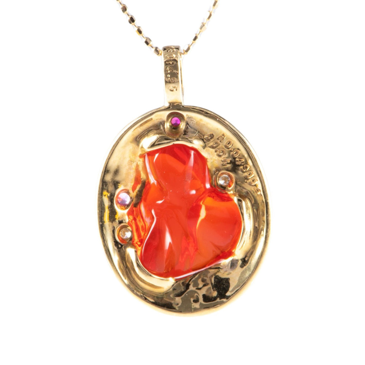18K Gold 4.95ct Freeform Mexican Fire Opal Pendant with Diamond Sapphire Ruby Accent V1174 Aurora Designer