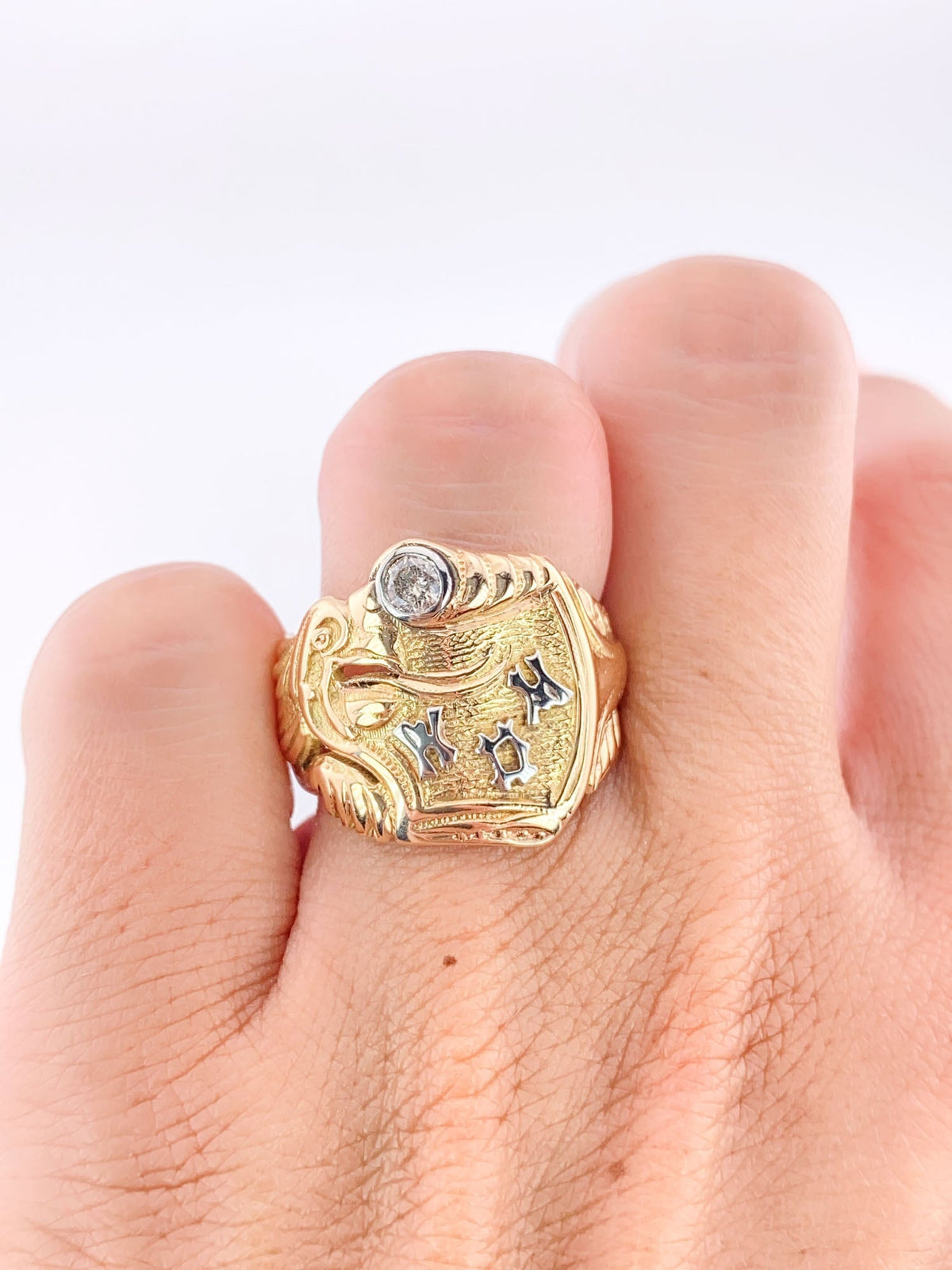Vintage Chimera with Diamond Ring 14K Dual-Tone Gold White and Yellow Mythical Animal Lion V1176 Aurora Designer