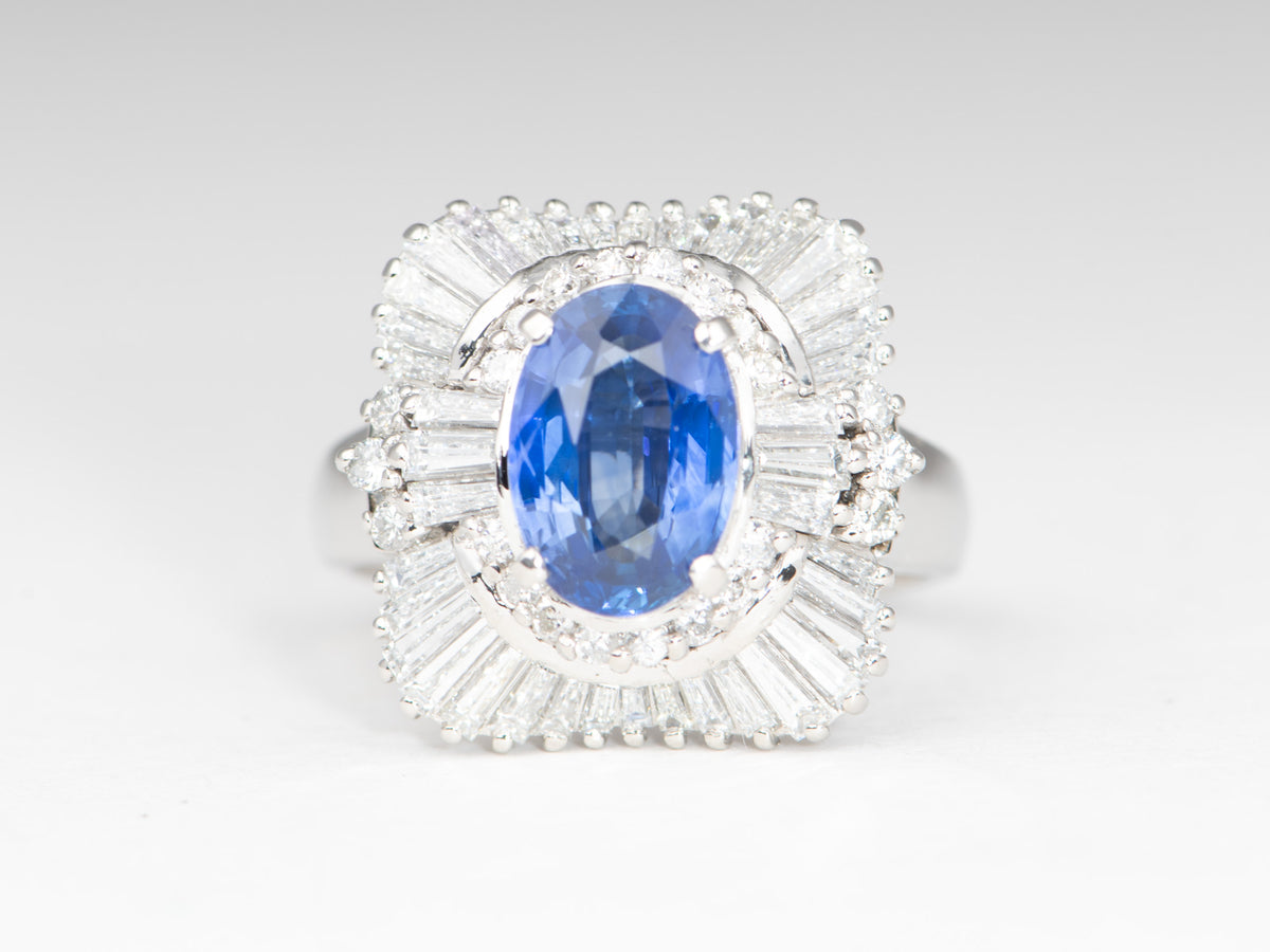 Stunning Platinum Ring 2.186ct Sapphire with 1.36ct Baguette Diamond Halo Heavy 10.8g PT900 V1188