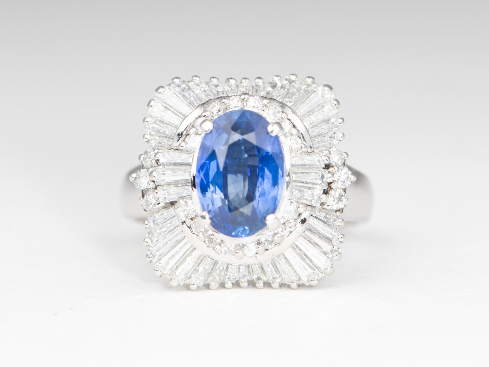 Stunning Platinum Ring 2.186ct Sapphire with 1.36ct Baguette Diamond Halo Heavy 10.8g PT900 V1188 Aurora Designer
