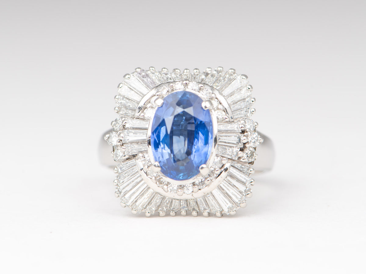 Stunning Platinum Ring 2.186ct Sapphire with 1.36ct Baguette Diamond Halo Heavy 10.8g PT900 V1188