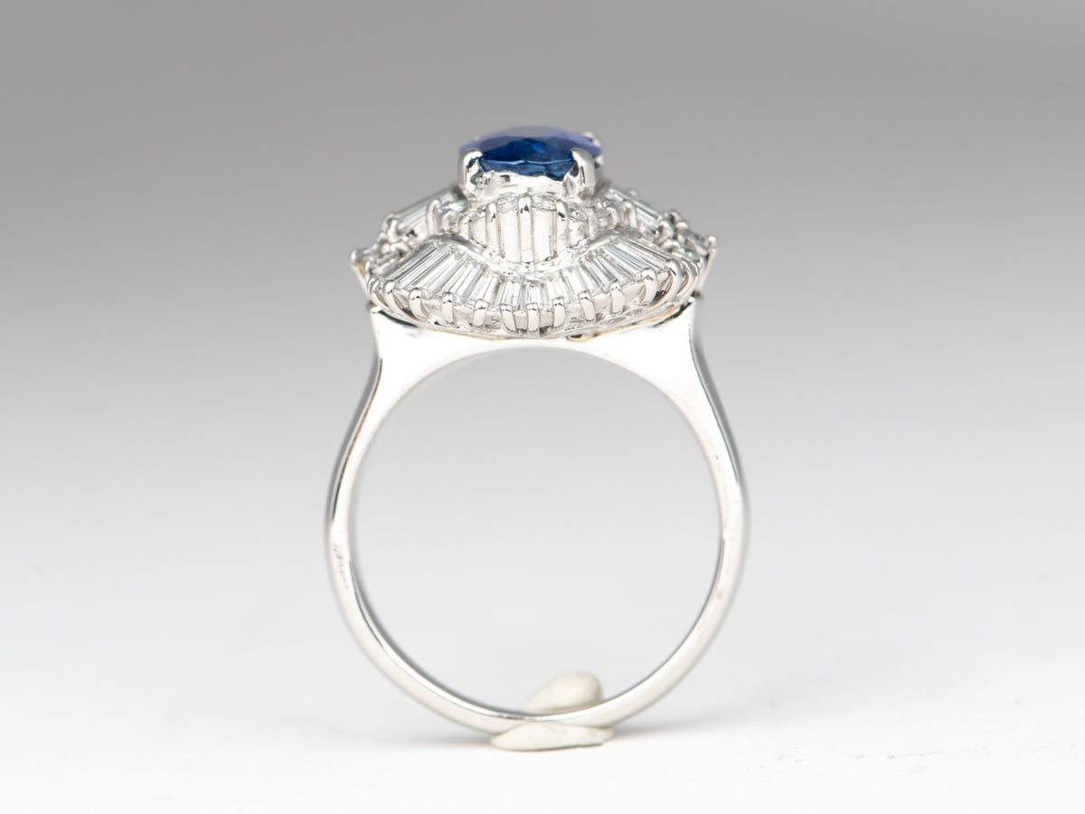 Stunning Platinum Ring 2.186ct Sapphire with 1.36ct Baguette Diamond Halo Heavy 10.8g PT900 V1188