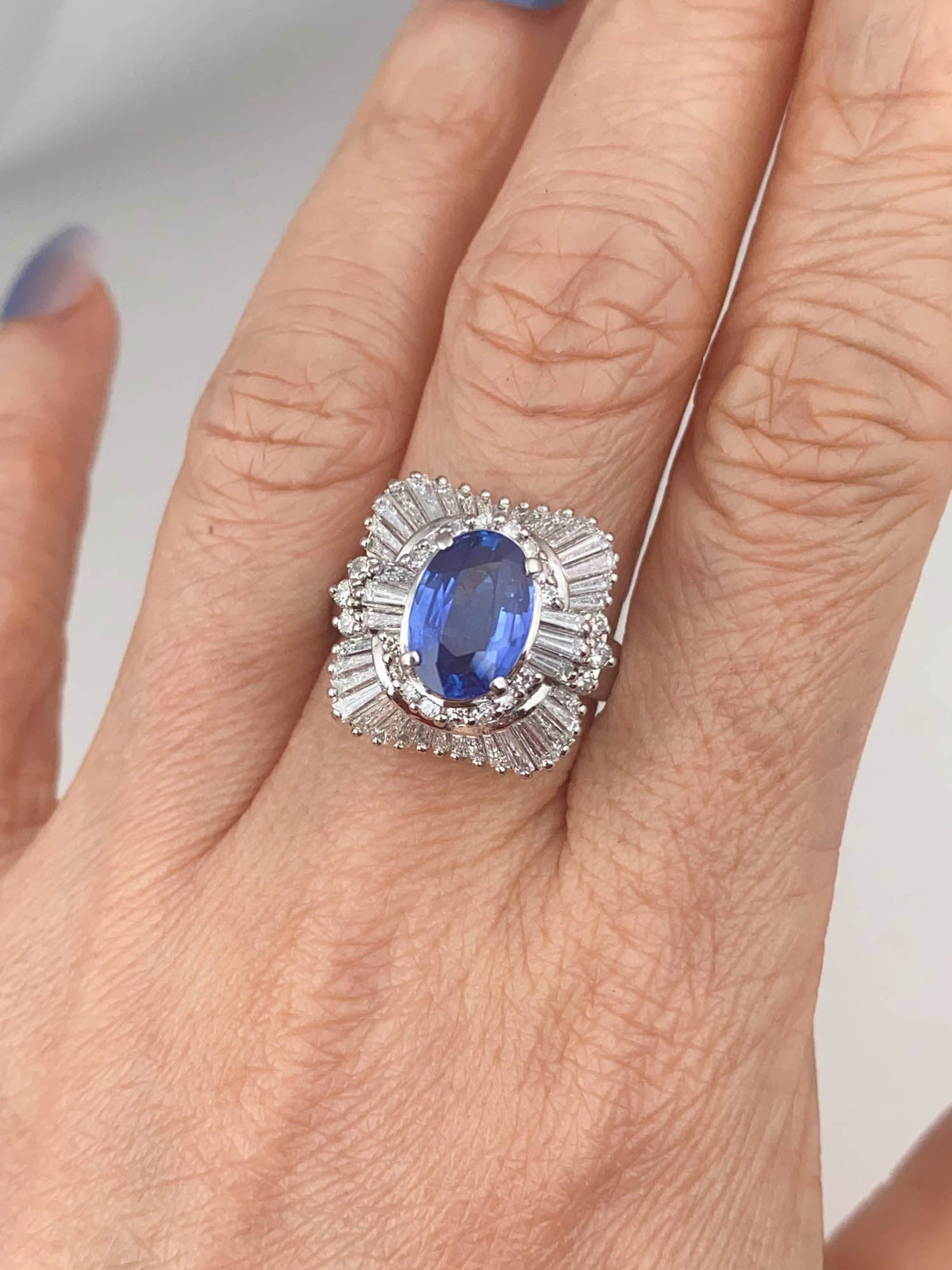 Stunning Platinum Ring 2.186ct Sapphire with 1.36ct Baguette Diamond Halo Heavy 10.8g PT900 V1188 Aurora Designer