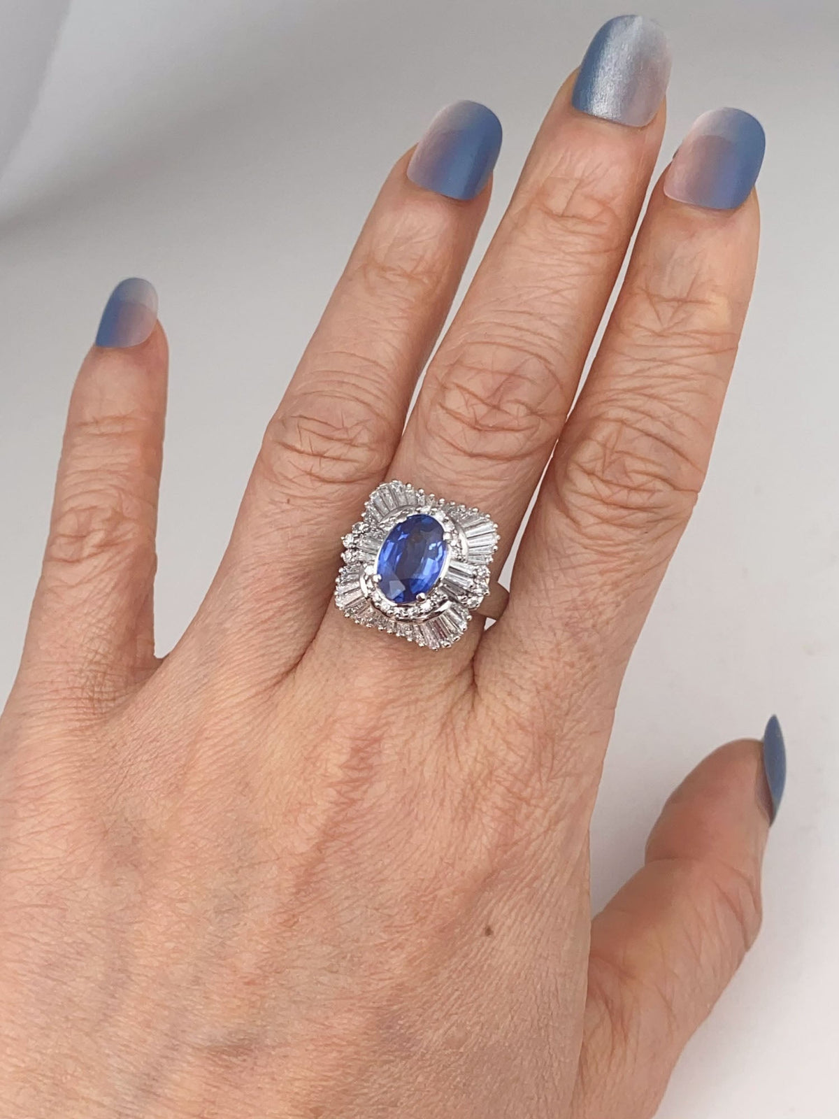 Stunning Platinum Ring 2.186ct Sapphire with 1.36ct Baguette Diamond Halo Heavy 10.8g PT900 V1188 Aurora Designer