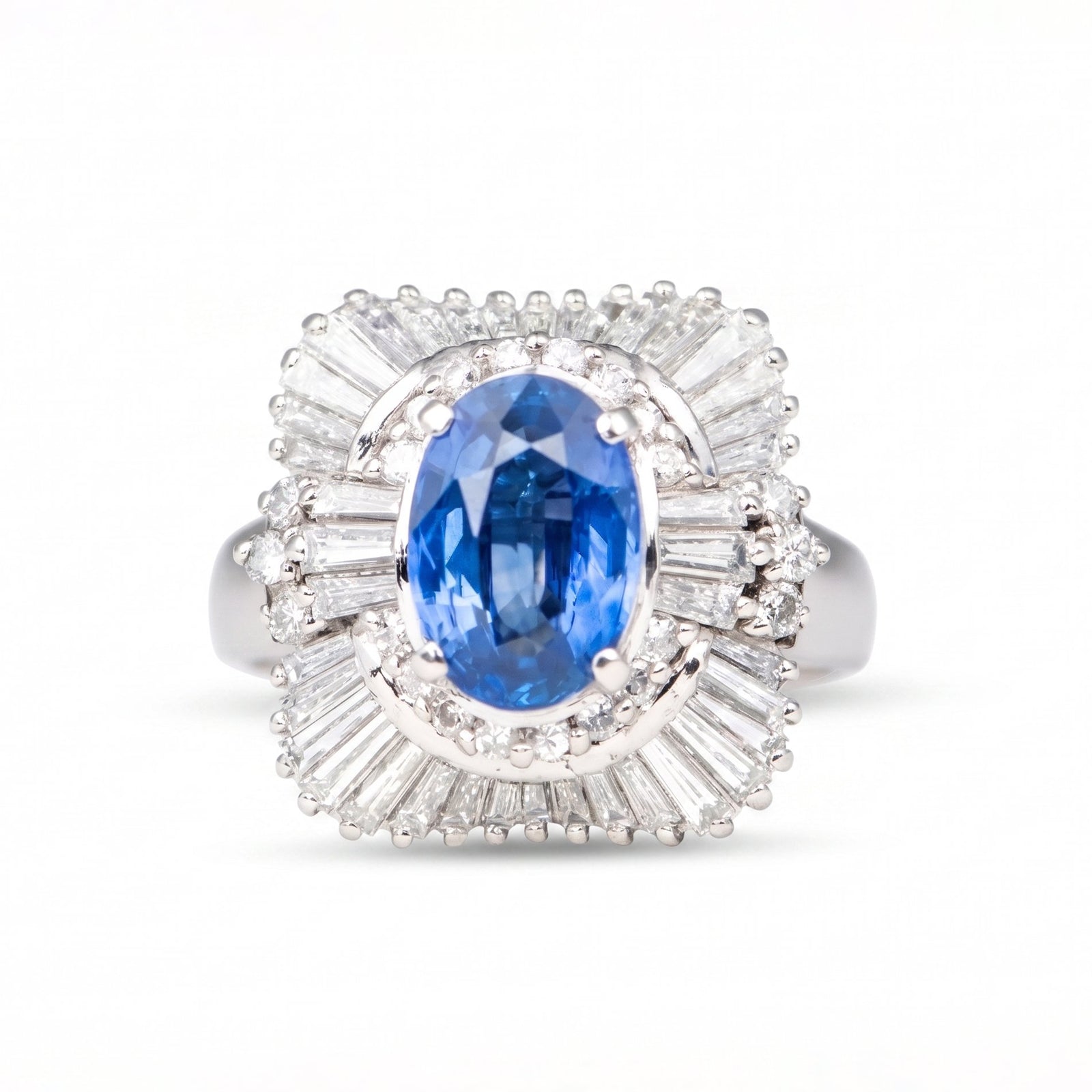 Stunning Platinum Ring 2.186ct Sapphire with 1.36ct Baguette Diamond Halo Heavy 10.8g PT900 V1188 Aurora Designer