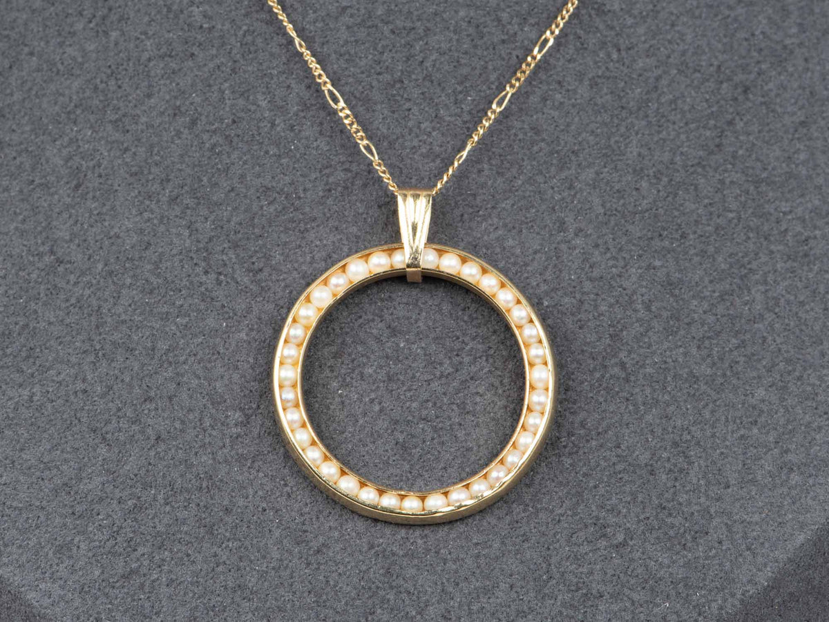 14K Gold Seed Pearl Circle Pendant with 1.4mm Wide Figaro Chain Necklace 18" V1191 Aurora Designer
