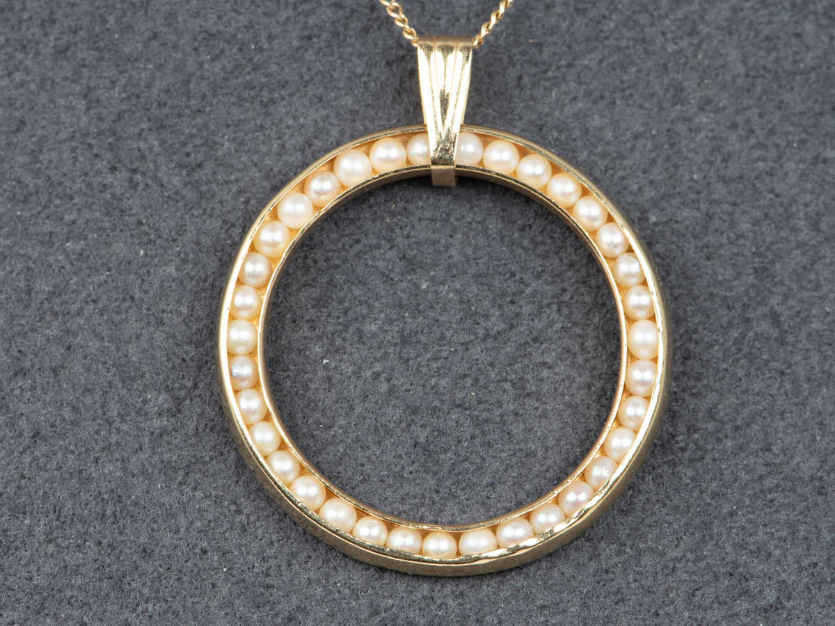 14K Gold Seed Pearl Circle Pendant with 1.4mm Wide Figaro Chain Necklace 18" V1191 Aurora Designer