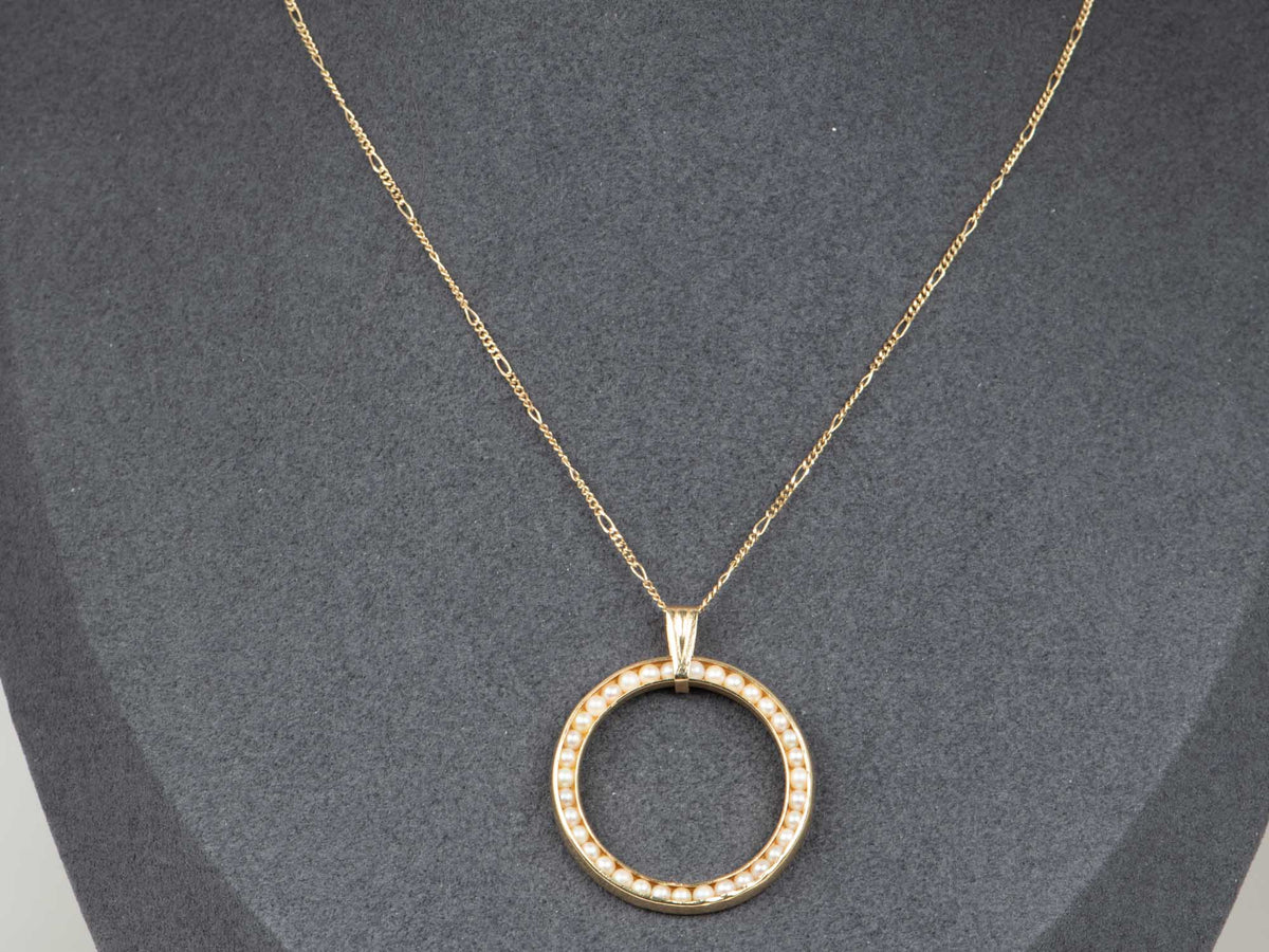 14K Gold Seed Pearl Circle Pendant with 1.4mm Wide Figaro Chain Necklace 18" V1191 Aurora Designer