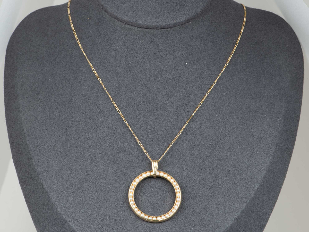 14K Gold Seed Pearl Circle Pendant with 1.4mm Wide Figaro Chain Necklace 18" V1191 Aurora Designer