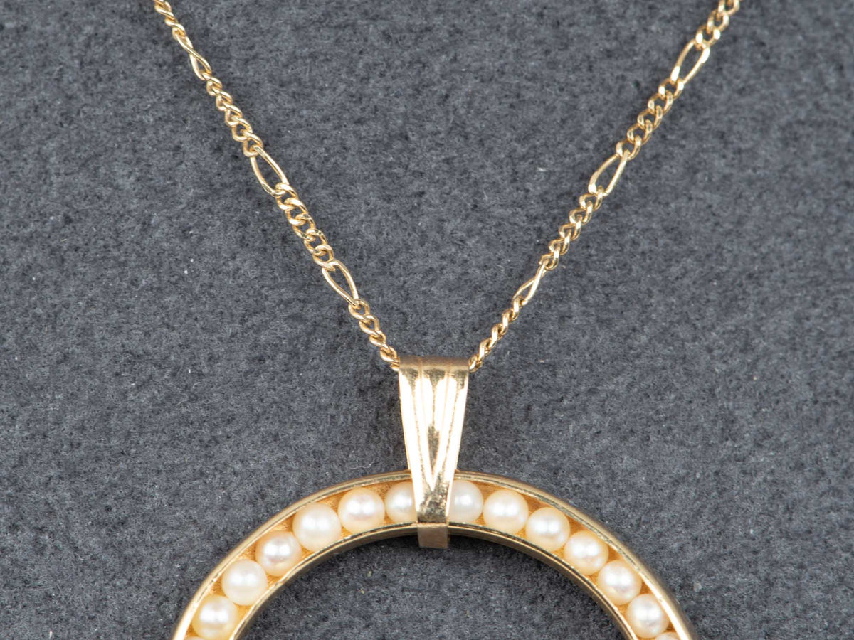 14K Gold Seed Pearl Circle Pendant with 1.4mm Wide Figaro Chain Necklace 18" V1191 Aurora Designer