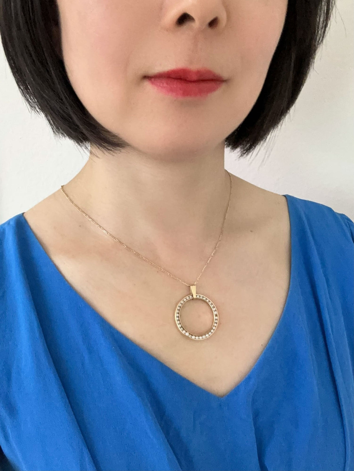 14K Gold Seed Pearl Circle Pendant with 1.4mm Wide Figaro Chain Necklace 18" V1191 Aurora Designer