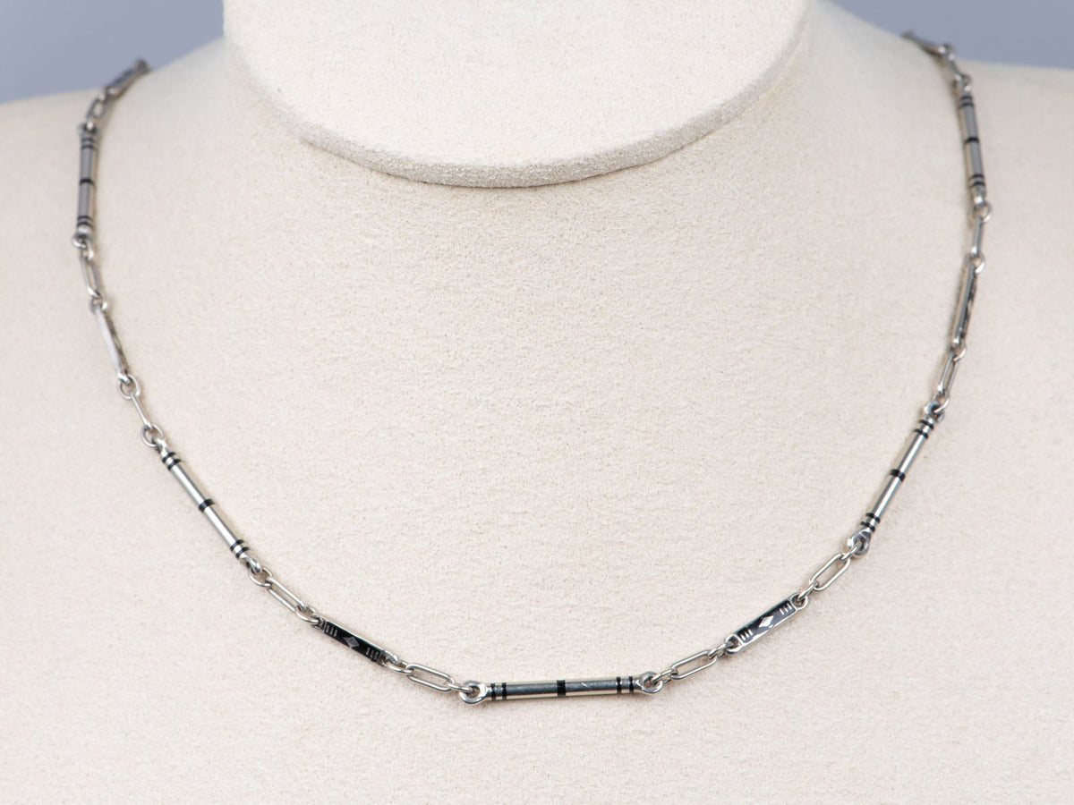 Vintage 14K White Gold and Black Enamel Watch Chain 13.75" Signed BB Binder Bros with Large Spring Ring and Swivel Dog Clip Heavy 9g V1194 Aurora Designer