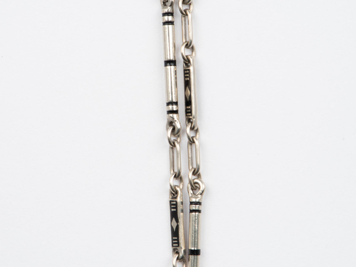 Vintage 14K White Gold and Black Enamel Watch Chain 13.75" Signed BB Binder Bros with Large Spring Ring and Swivel Dog Clip Heavy 9g V1194 Aurora Designer