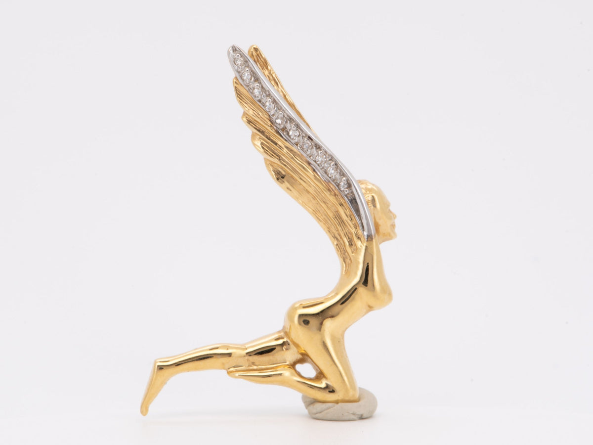 14K Gold Flying Fairy Pin Brooch with Diamond 4.63g Woman Lady Figure V1205 Aurora Designer