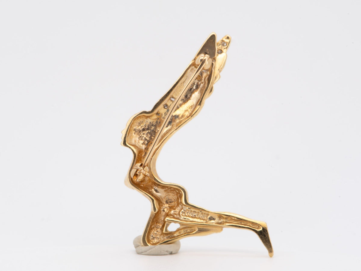 14K Gold Flying Fairy Pin Brooch with Diamond 4.63g Woman Lady Figure V1205 Aurora Designer