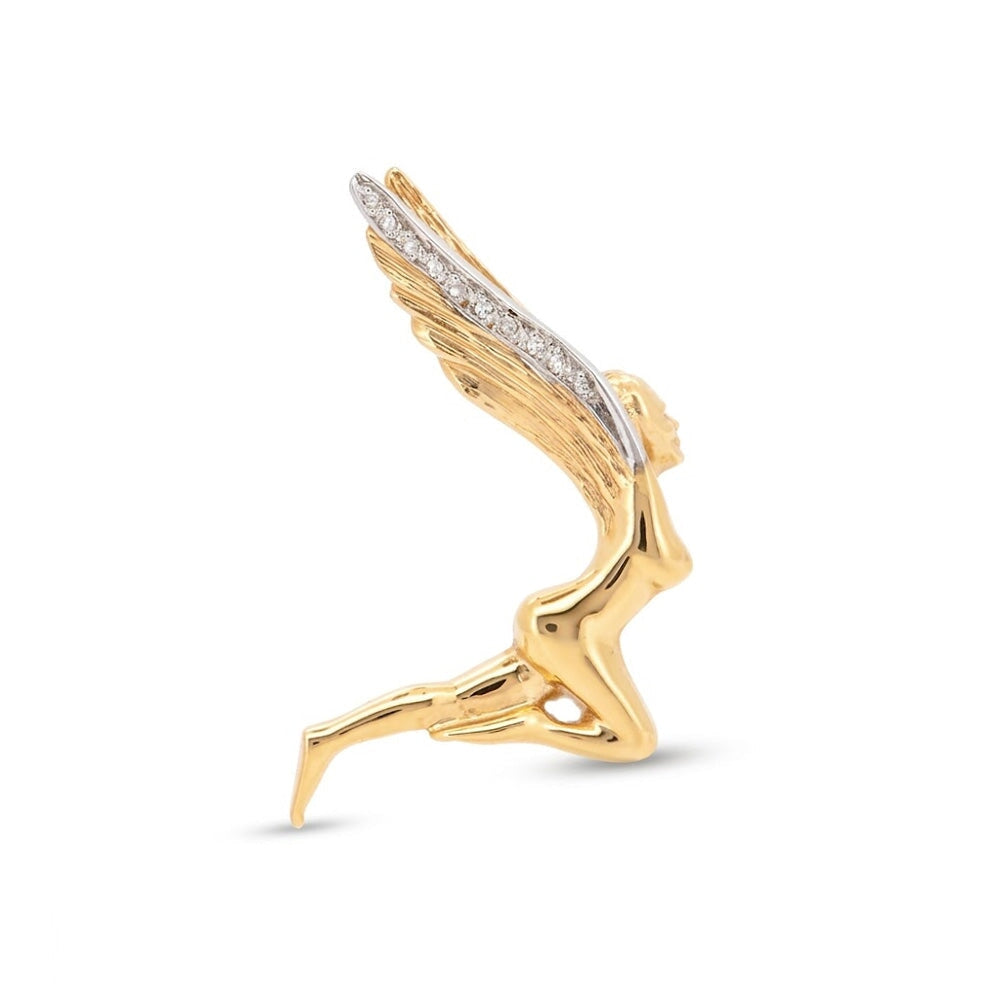 14K Gold Flying Fairy Pin Brooch with Diamond 4.63g Woman Lady Figure V1205 Aurora Designer