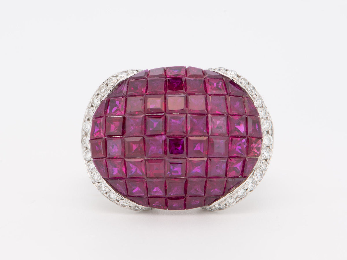 18K White Gold Invisible Set Ruby Saddle Ring with Diamond Heavy 9g+ 7.2ct Pigeon Blood Red Rubies V1208 Aurora Designer