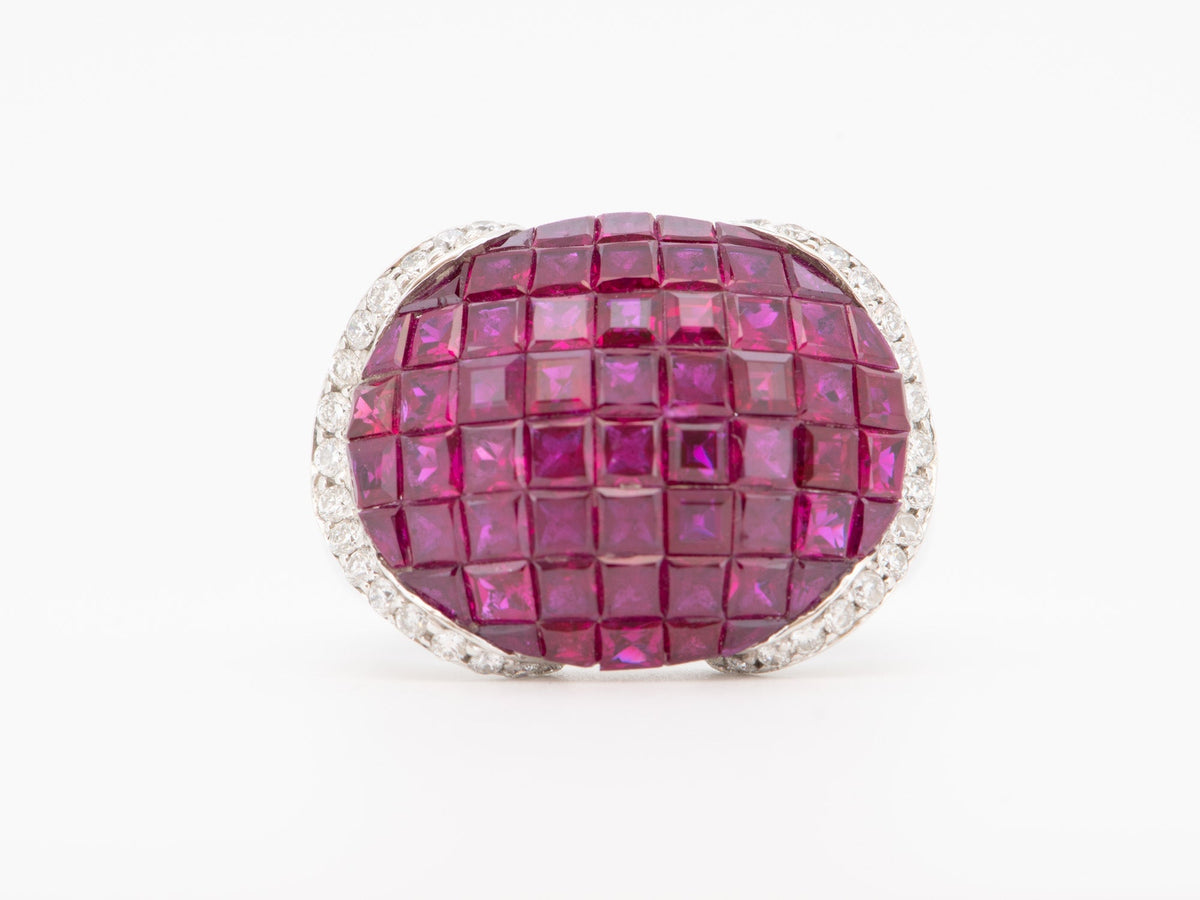 18K White Gold Invisible Set Ruby Saddle Ring with Diamond Heavy 9g+ 7.2ct Pigeon Blood Red Rubies V1208 Aurora Designer
