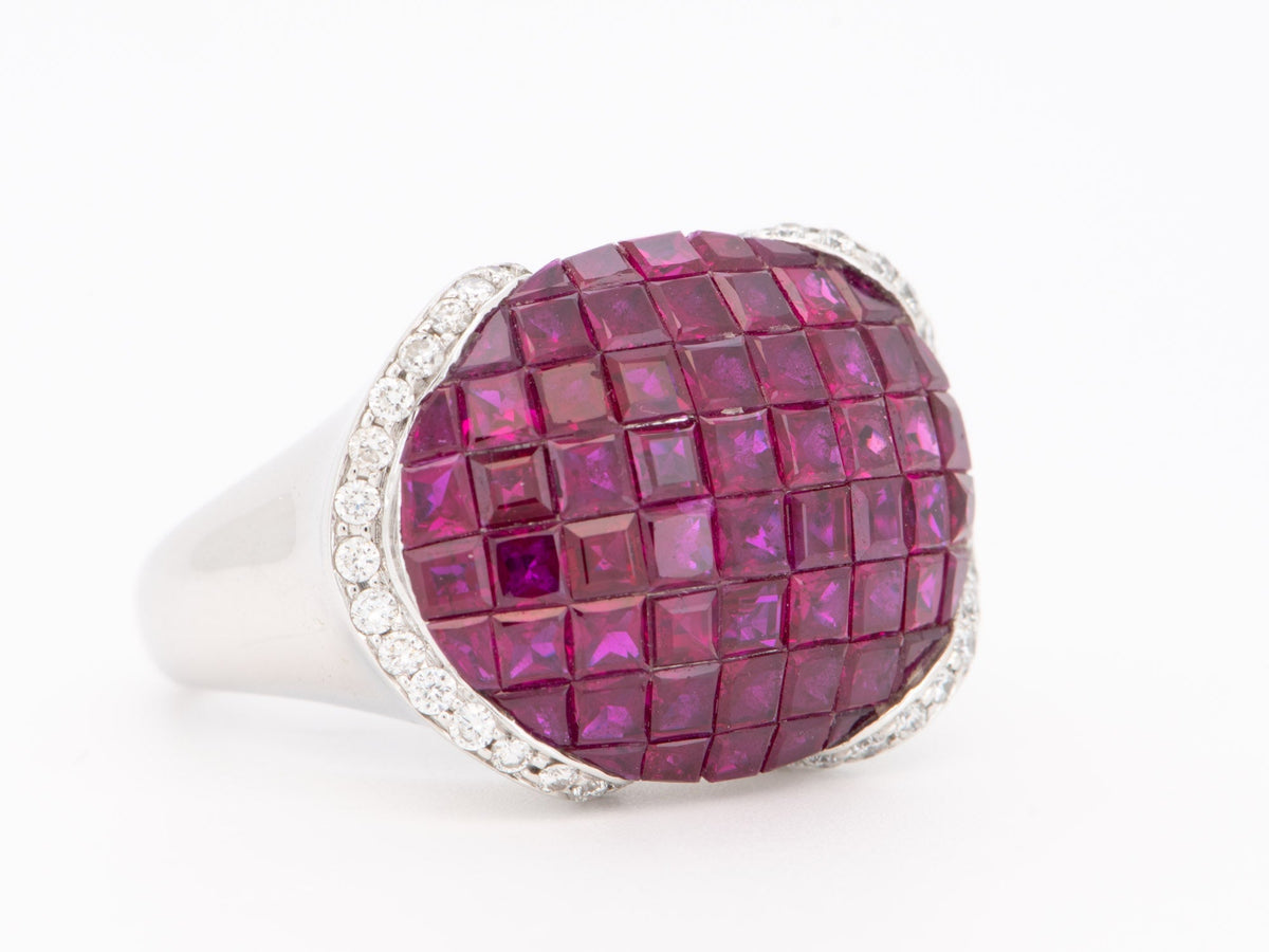18K White Gold Invisible Set Ruby Saddle Ring with Diamond Heavy 9g+ 7.2ct Pigeon Blood Red Rubies V1208 Aurora Designer