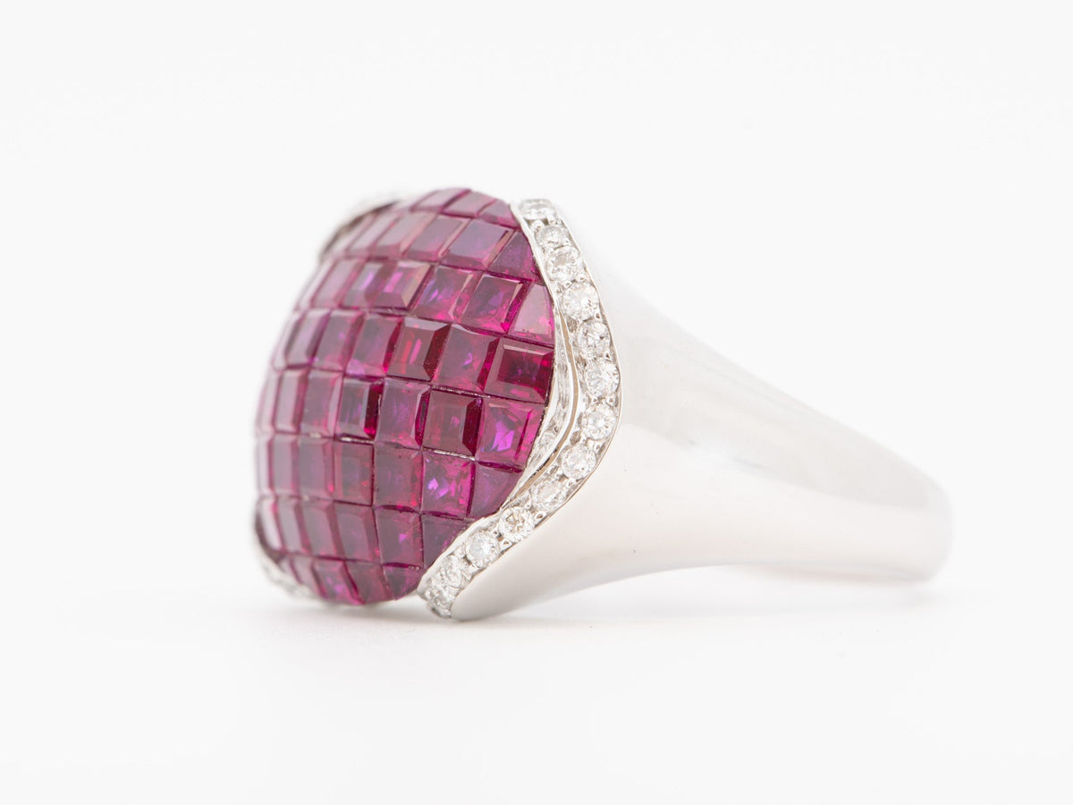 18K White Gold Invisible Set Ruby Saddle Ring with Diamond Heavy 9g+ 7.2ct Pigeon Blood Red Rubies V1208 Aurora Designer