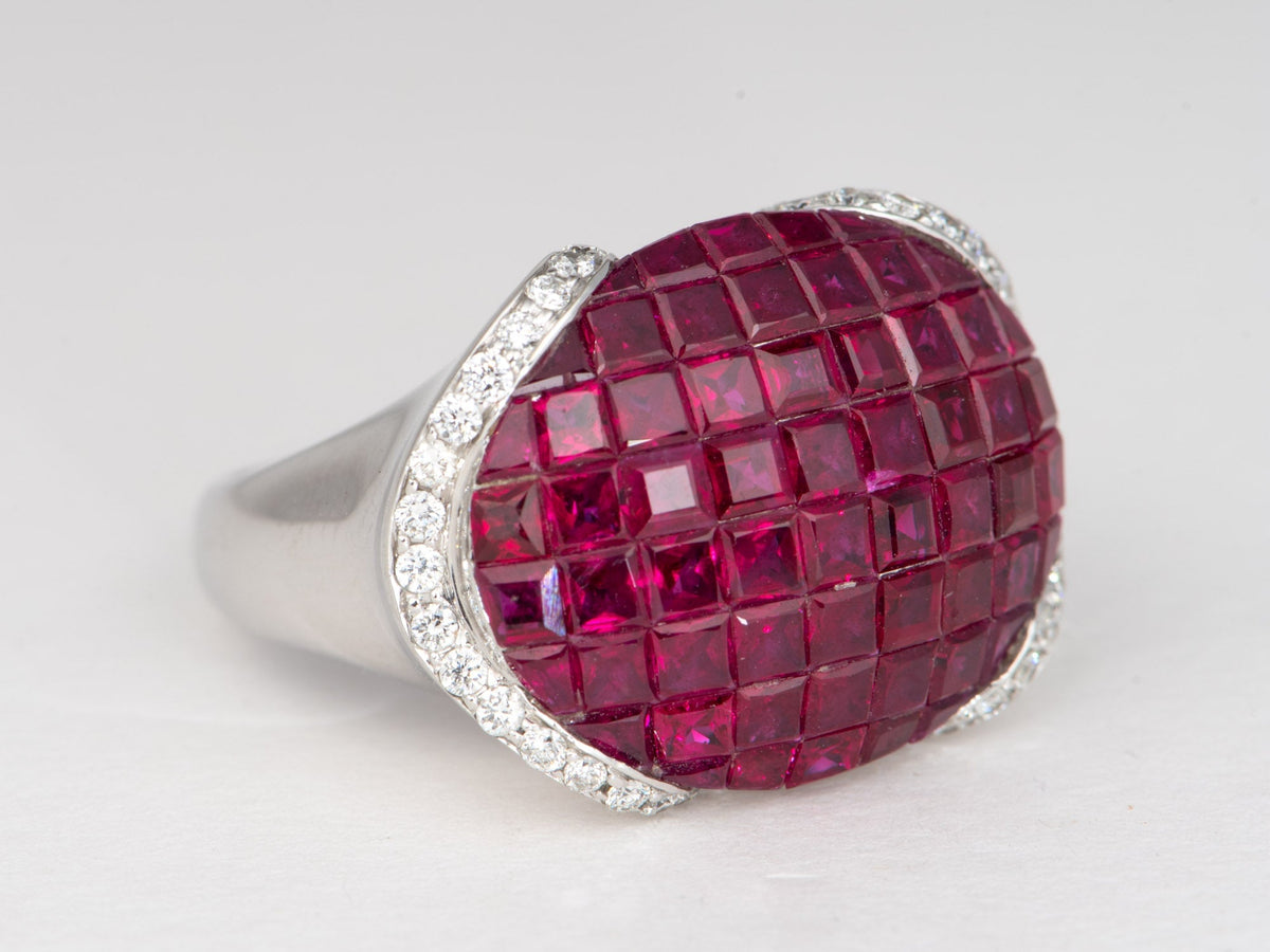 18K White Gold Invisible Set Ruby Saddle Ring with Diamond Heavy 9g+ 7.2ct Pigeon Blood Red Rubies V1208 Aurora Designer
