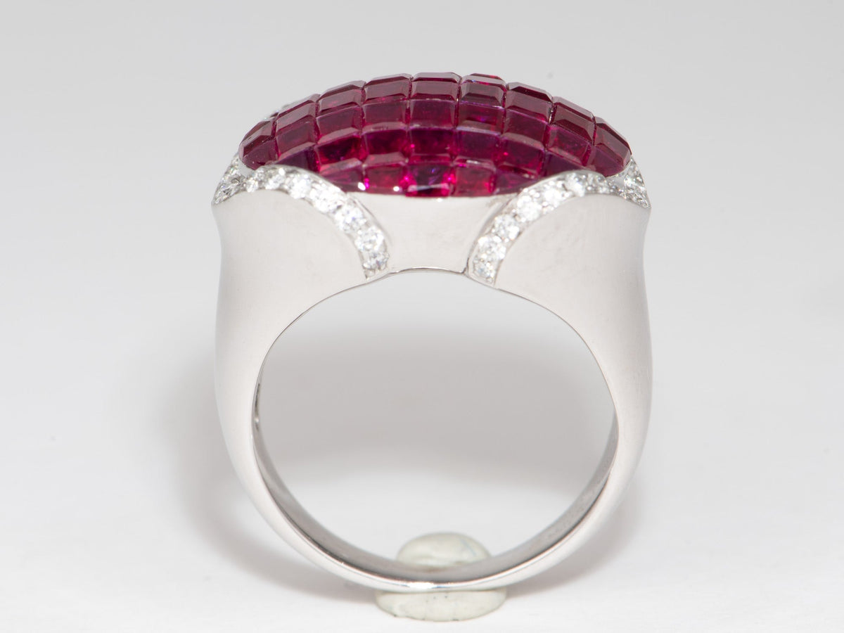 18K White Gold Invisible Set Ruby Saddle Ring with Diamond Heavy 9g+ 7.2ct Pigeon Blood Red Rubies V1208 Aurora Designer