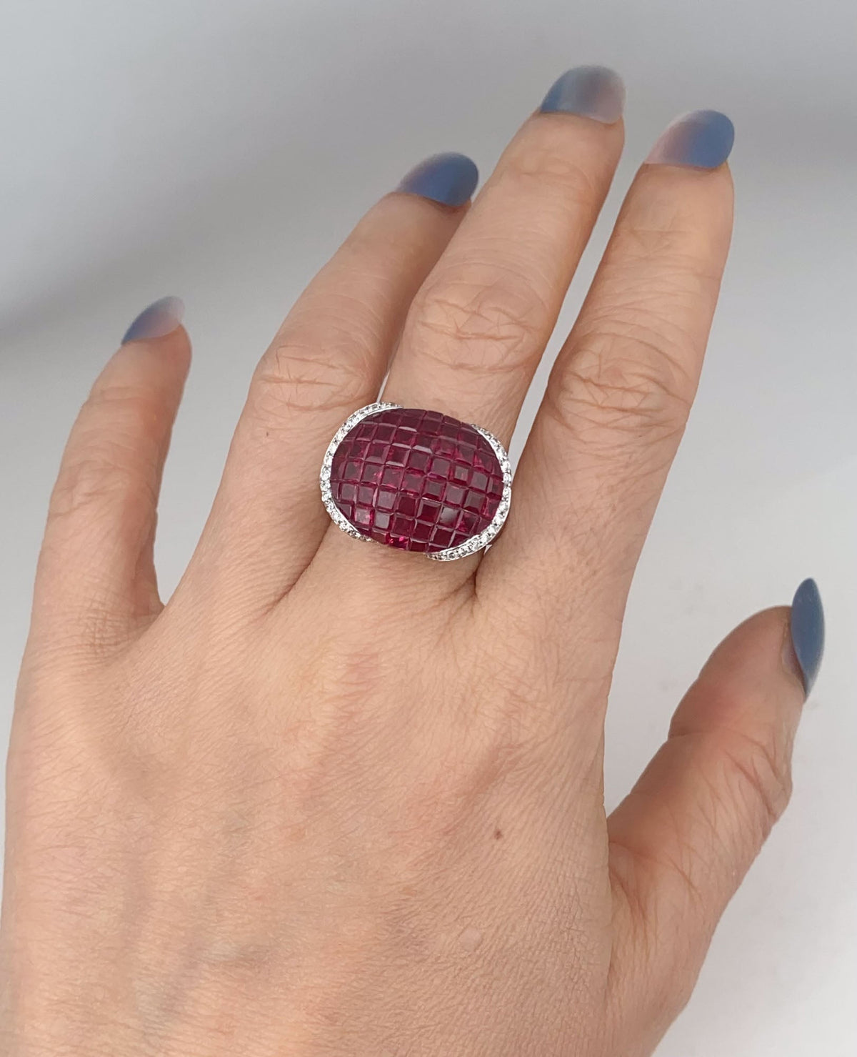 18K White Gold Invisible Set Ruby Saddle Ring with Diamond Heavy 9g+ 7.2ct Pigeon Blood Red Rubies V1208 Aurora Designer