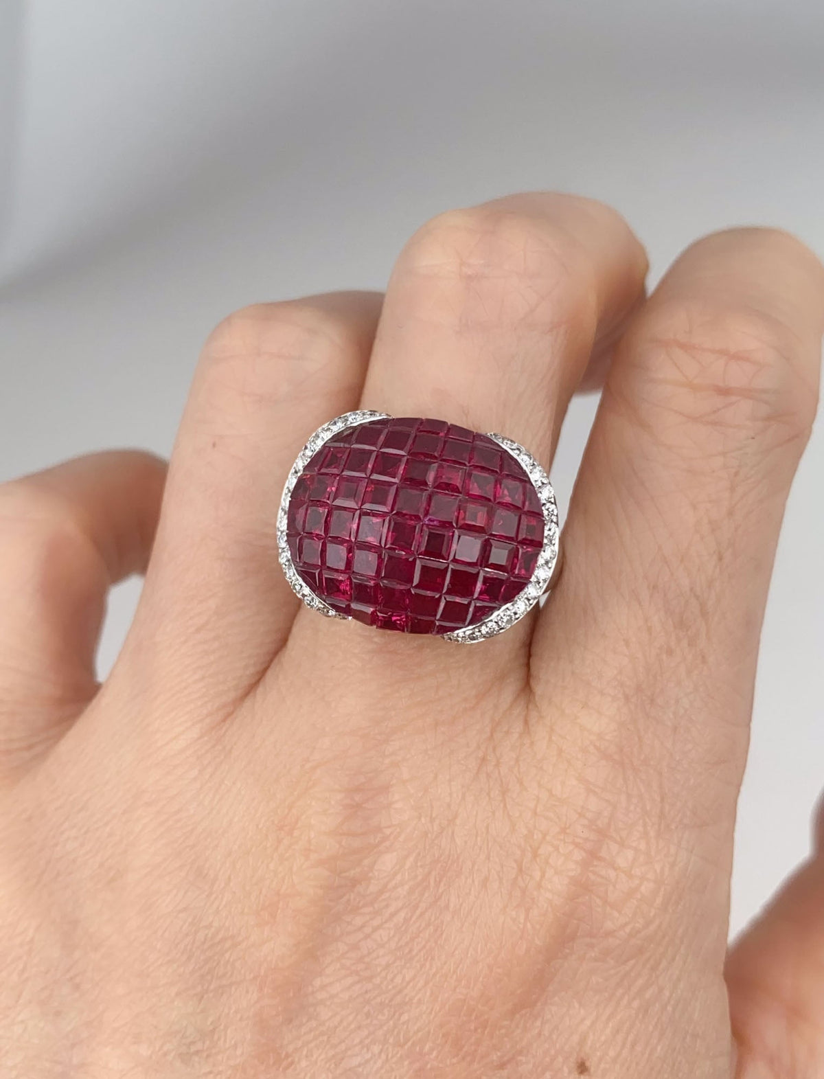 18K White Gold Invisible Set Ruby Saddle Ring with Diamond Heavy 9g+ 7.2ct Pigeon Blood Red Rubies V1208 Aurora Designer