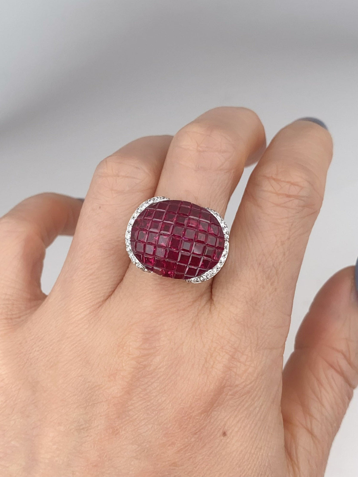 18K White Gold Invisible Set Ruby Saddle Ring with Diamond Heavy 9g+ 7.2ct Pigeon Blood Red Rubies V1208 Aurora Designer