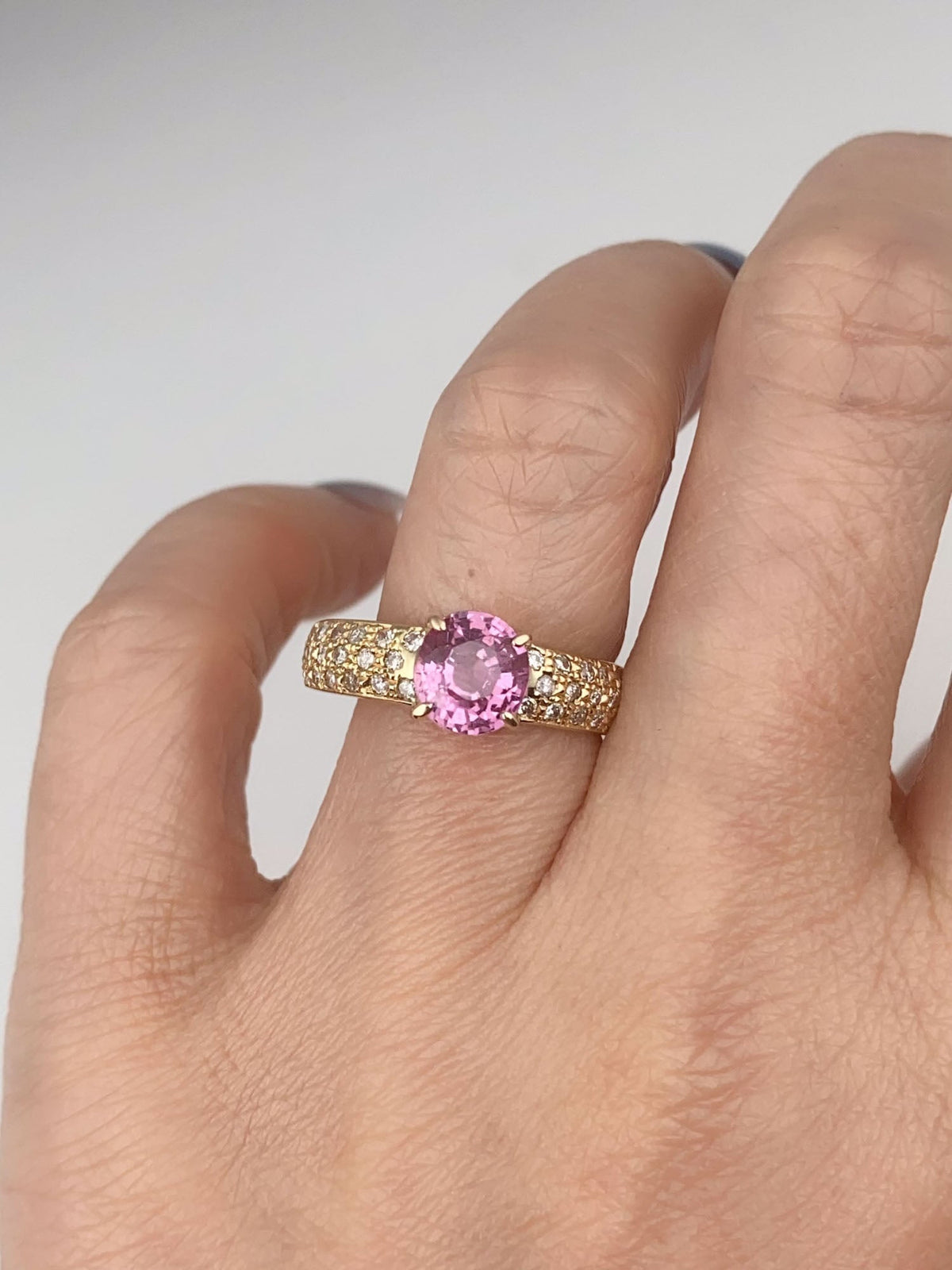 18K Gold Engagement Ring 1.43ct Padparadscha Sapphire and Diamond Pave Band V1209 Aurora Designer