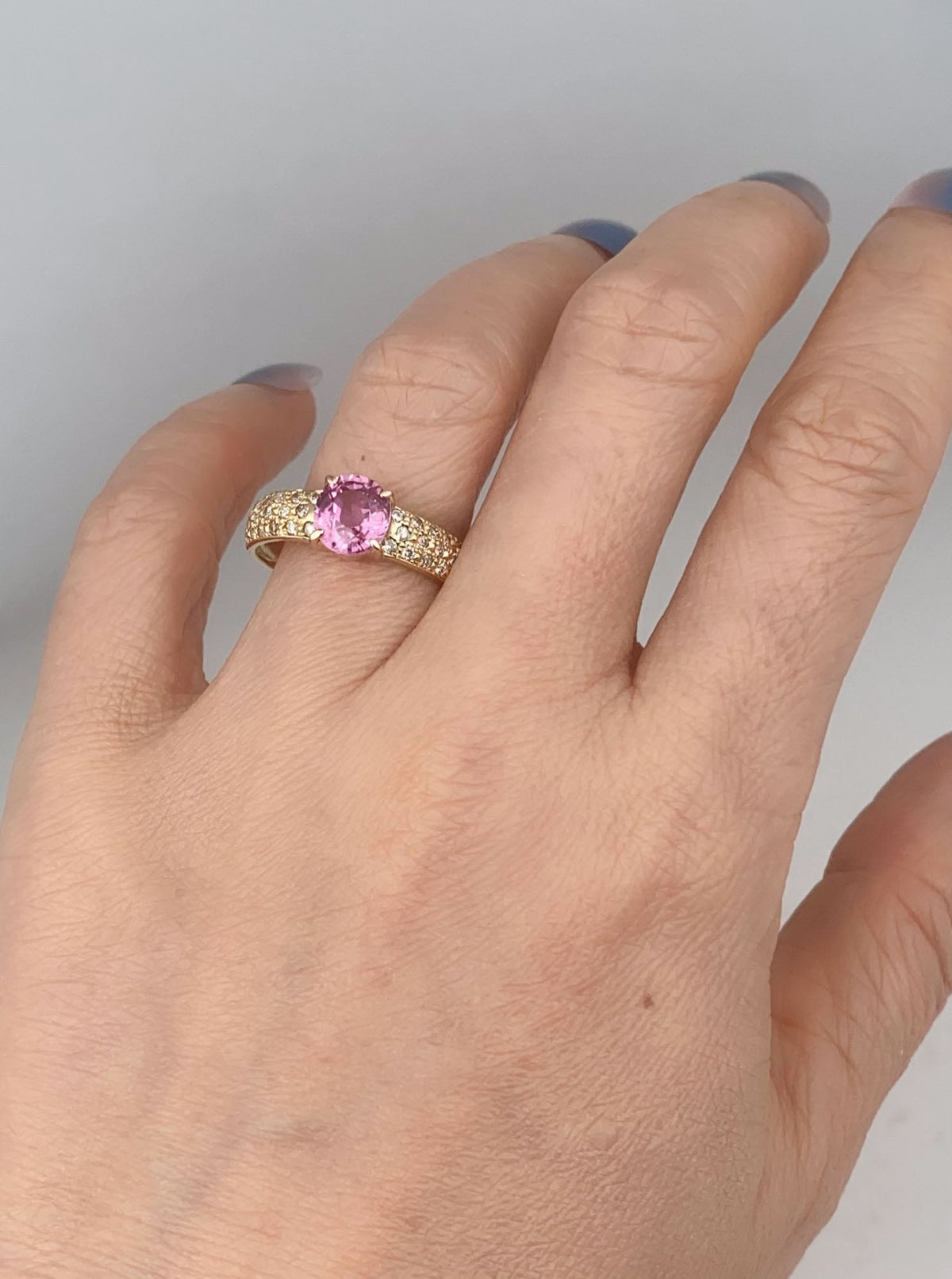 18K Gold Engagement Ring 1.43ct Padparadscha Sapphire and Diamond Pave Band V1209 Aurora Designer