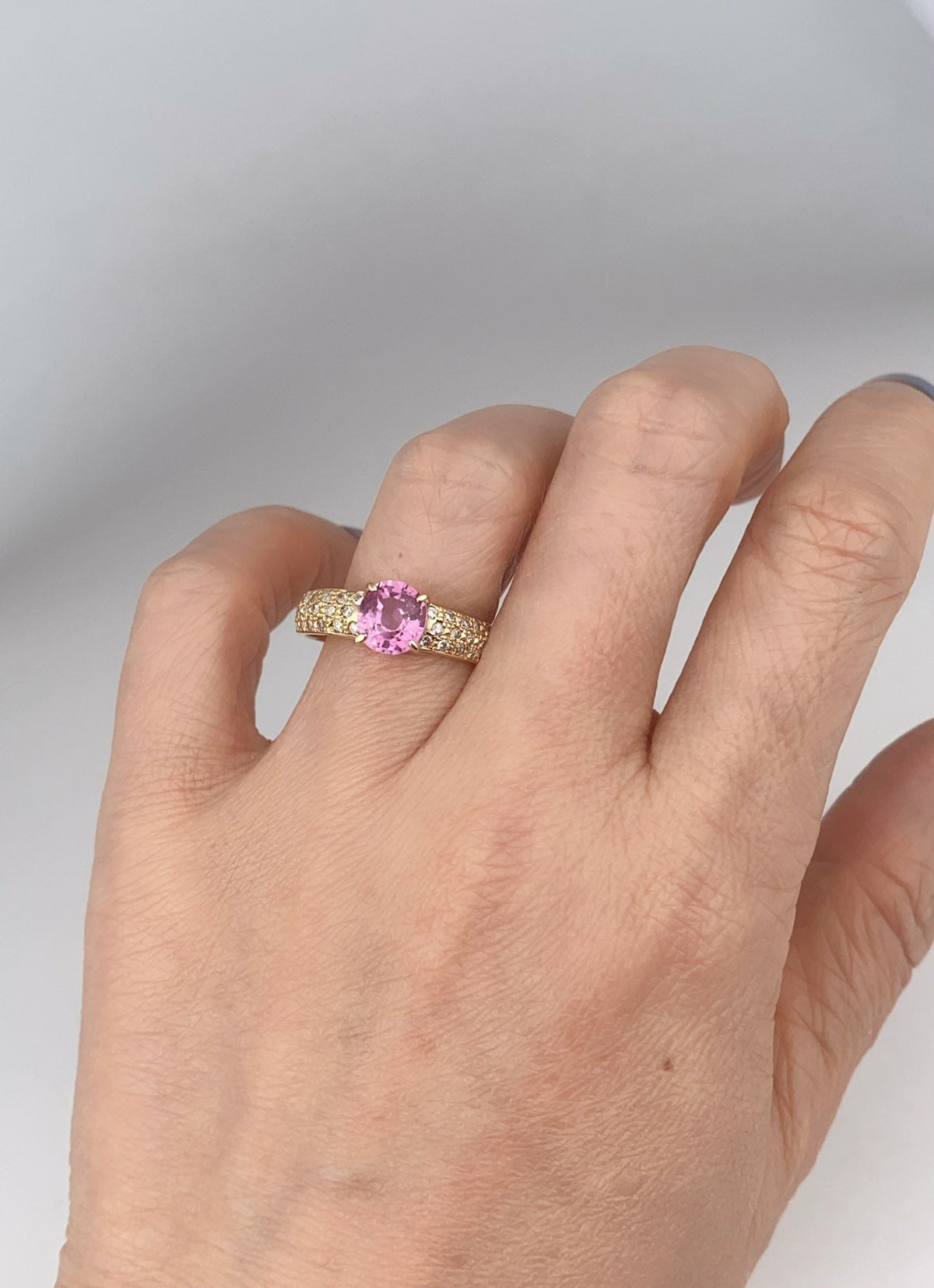 18K Gold Engagement Ring 1.43ct Padparadscha Sapphire and Diamond Pave Band V1209 Aurora Designer