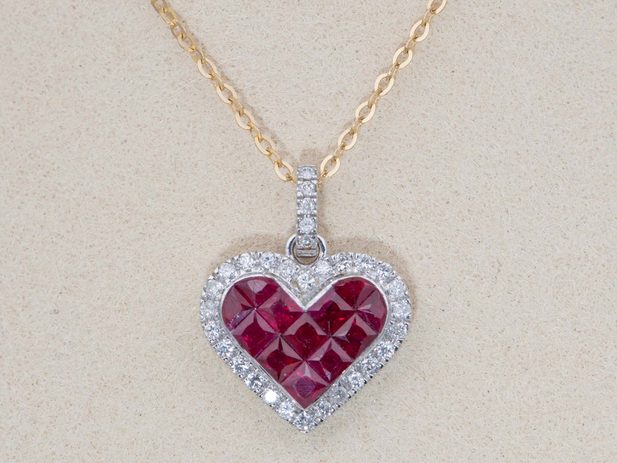 18K White Gold Invisible Set Ruby Pendant Heart-Shaped Diamond Halo Clip-On Enhancer Bail Go On Any Necklace V1210 Aurora Designer