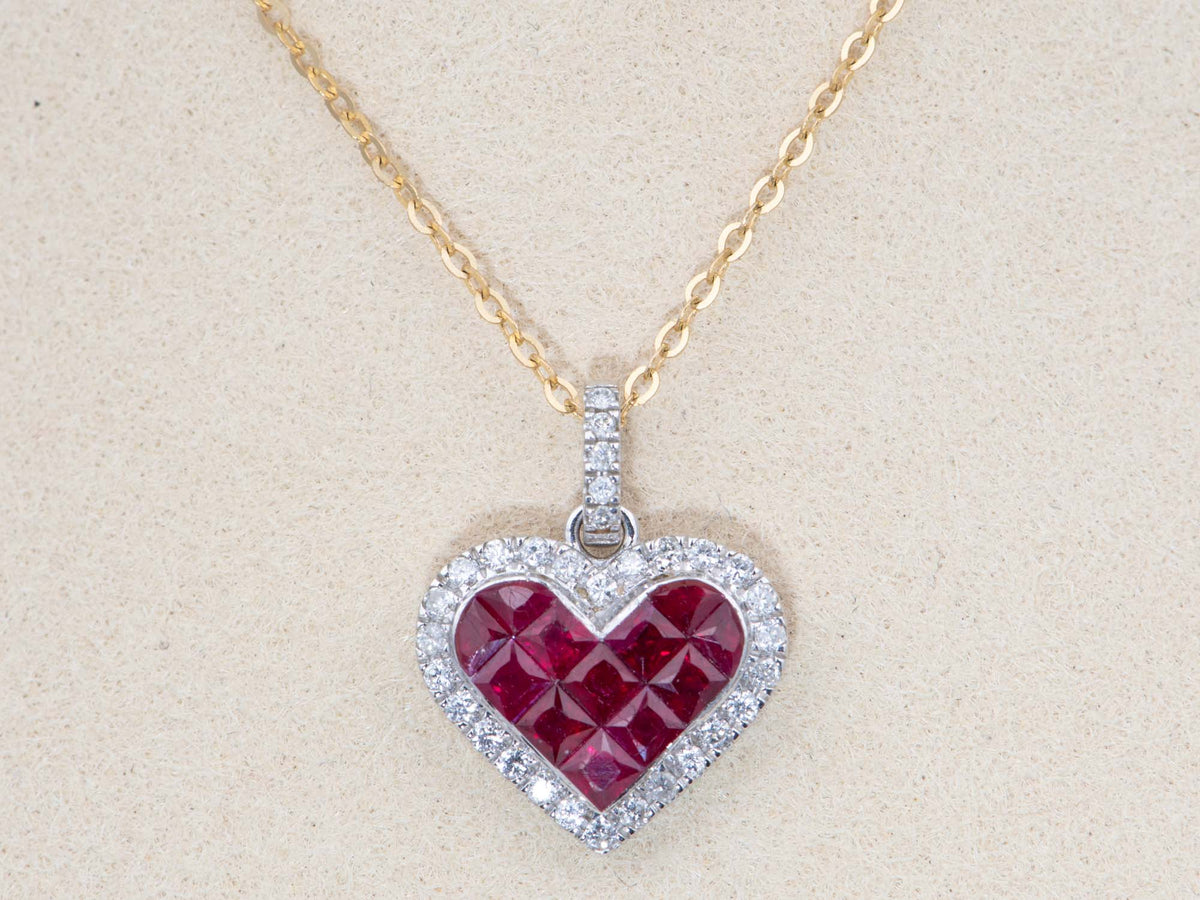 18K White Gold Invisible Set Ruby Pendant Heart-Shaped Diamond Halo Clip-On Enhancer Bail Go On Any Necklace V1210 Aurora Designer
