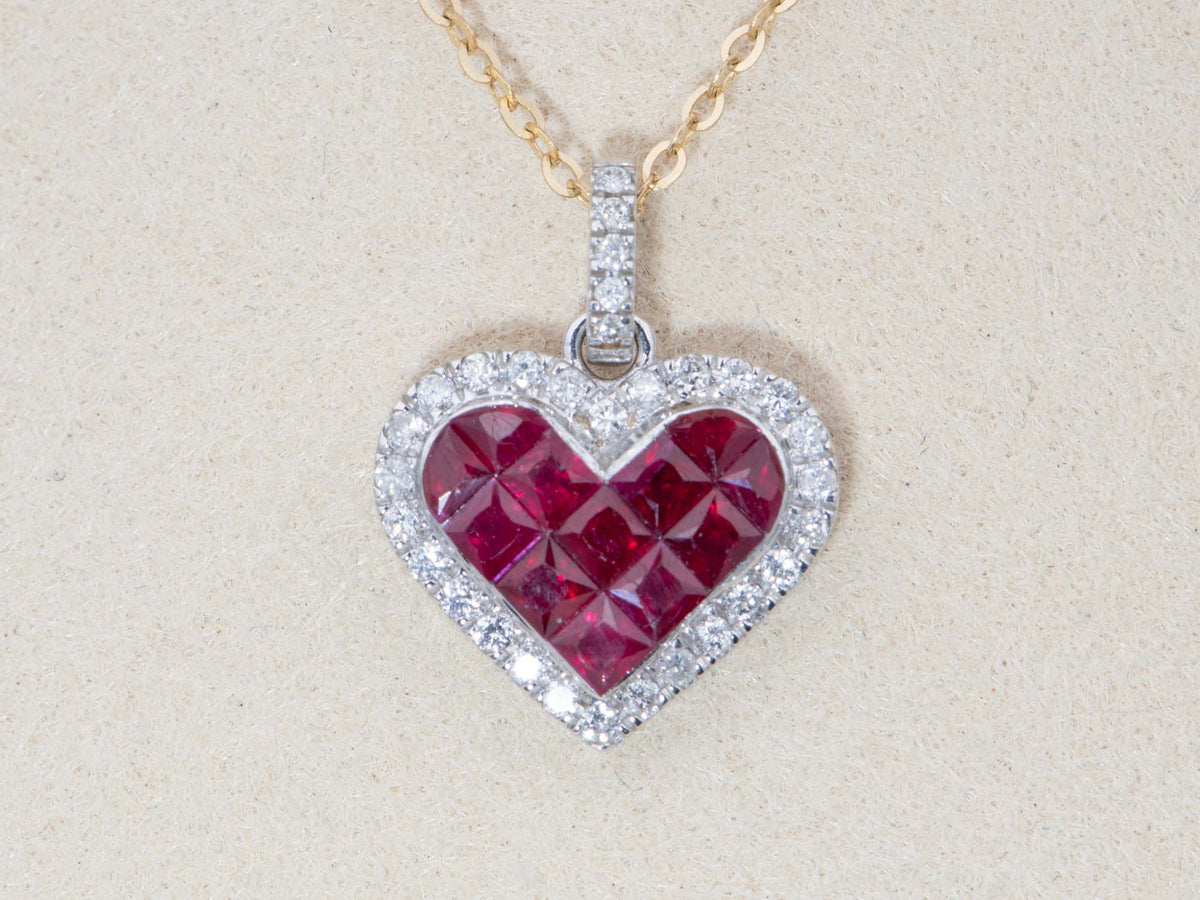 18K White Gold Invisible Set Ruby Pendant Heart-Shaped Diamond Halo Clip-On Enhancer Bail Go On Any Necklace V1210 Aurora Designer