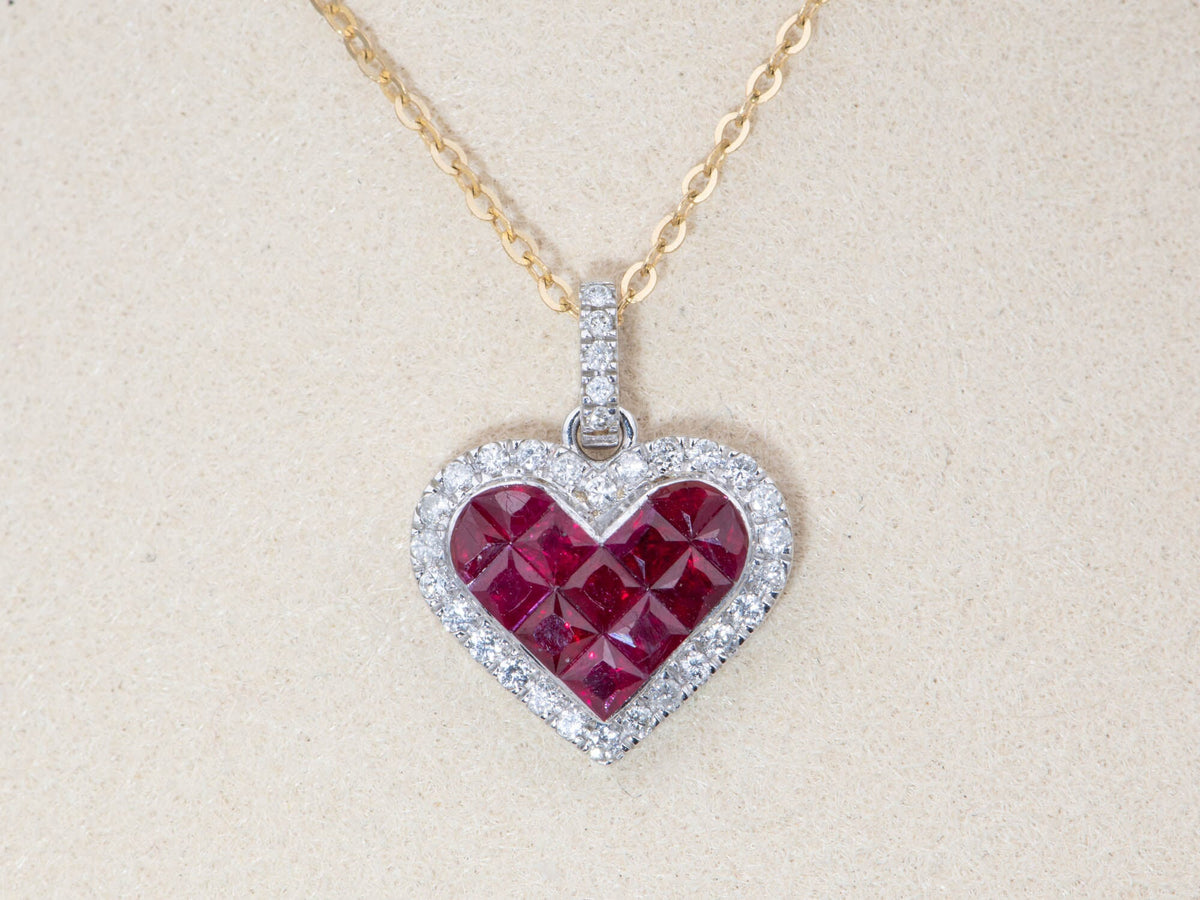 18K White Gold Invisible Set Ruby Pendant Heart-Shaped Diamond Halo Clip-On Enhancer Bail Go On Any Necklace V1210 Aurora Designer