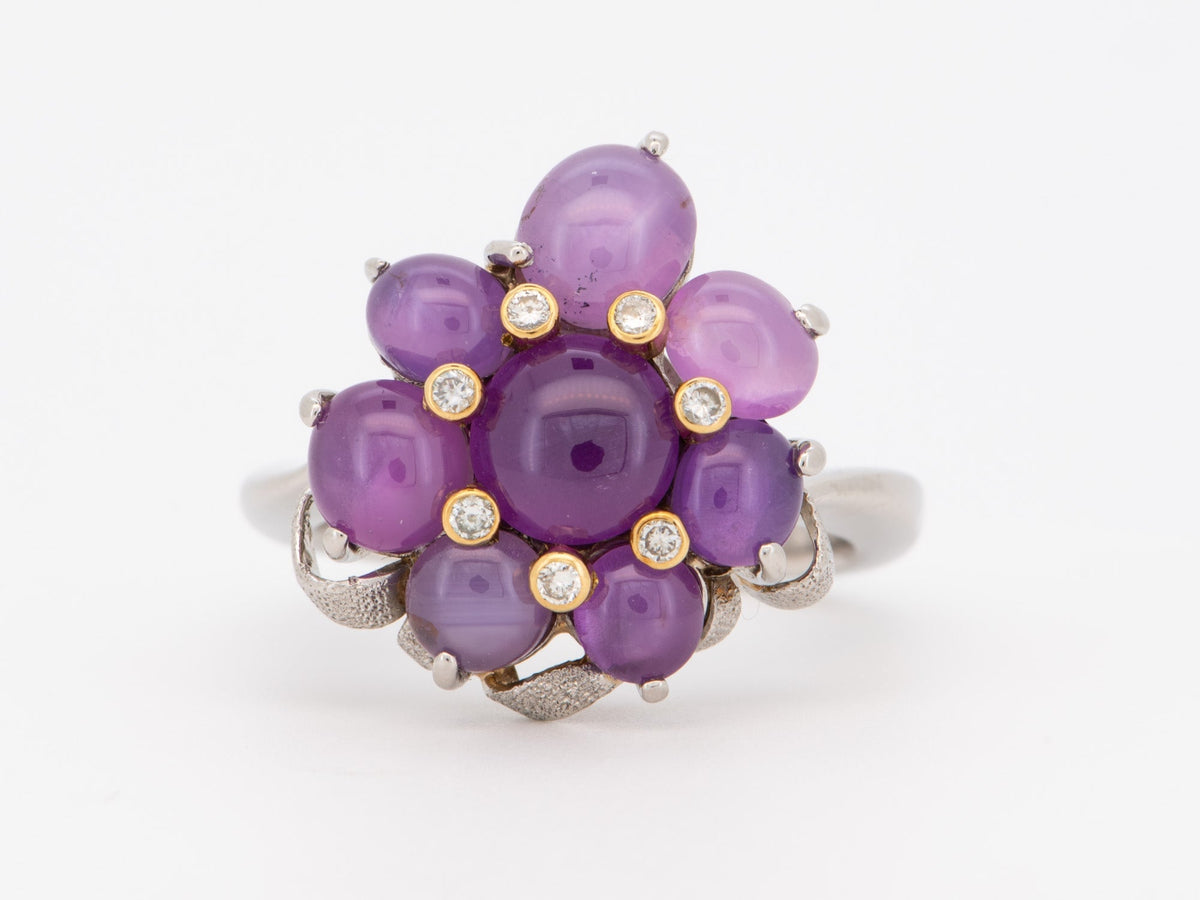 Platinum Star Sapphire Cluster Flower Ring Diamond Accent Floral Design Jewelry Gift for Her V1211 Aurora Designer