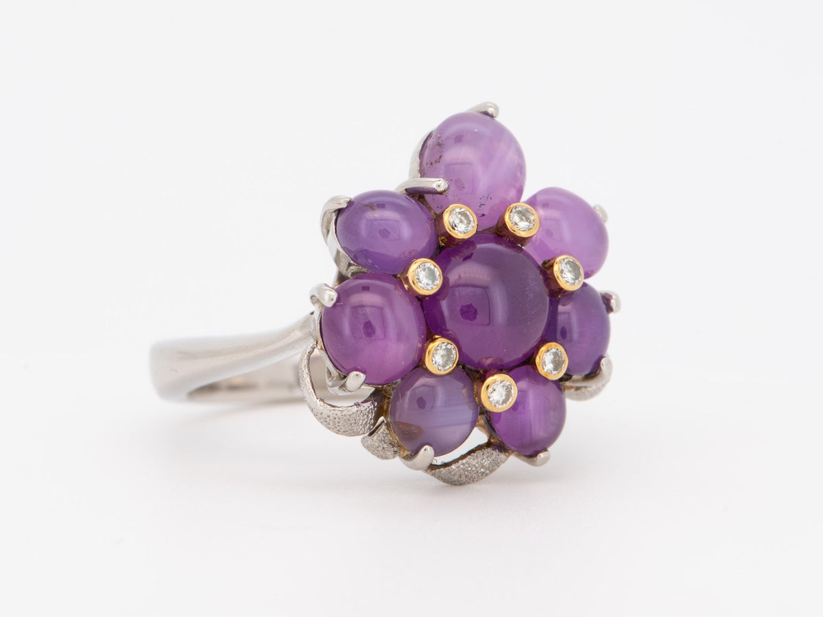 Platinum Star Sapphire Cluster Flower Ring Diamond Accent Floral Design Jewelry Gift for Her V1211 Aurora Designer