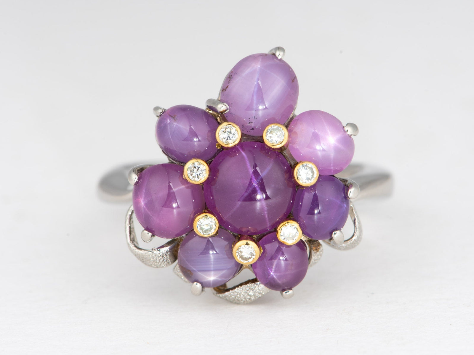 Platinum Star Sapphire Cluster Flower Ring Diamond Accent Floral Design Jewelry Gift for Her V1211 Aurora Designer